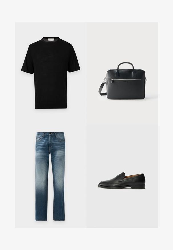 Zwart gebreid T-shirt met korte mouwen, ronde hals en geribbelde manchetten, label aan de binnenkant van de kraag met de tekst "Tiger of Sweden 1903."; Denim jeans in donkerblauw vervaging, rechte pijpontwerp. Voorzien van vijf zakken, standaard tailleband met riemlussen, en metalen knoopsluiting.; Zwarte leren instapper met een ronde neus, subtiele stikdetails en een lage hak, met een gladde textuur en een minimalistisch ontwerp.; Zwarte rechthoekige leren aktetas met dubbele handvatten, voorvak met rits en afneembare schouderriem tegen een effen lichte achtergrond.