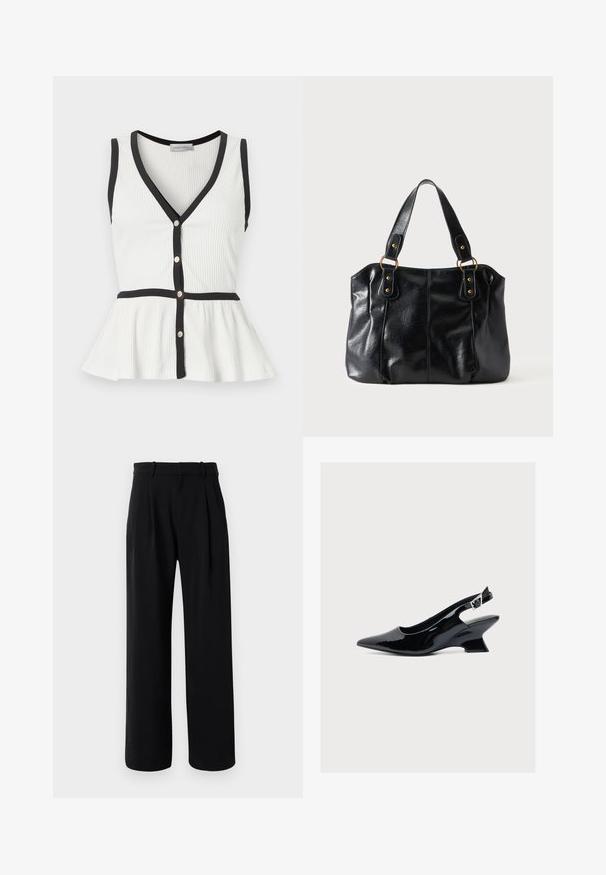 Top blanco sin mangas de punto acanalado con ribete negro, escote en V, botones delanteros y bajo peplum.; Pantalones rectos de tiro alto en negro con piernas anchas, presillas para cinturón y pliegues en la parte delantera sobre un fondo blanco.; Zapato slingback de charol negro con puntera puntiaguda y tacón bloque bajo y angulado sobre fondo blanco.; Bolso de cuero negro para el hombro con doble asa unida por anillas y remaches dorados, superficie lisa y ligeramente brillante, diseño sencillo.