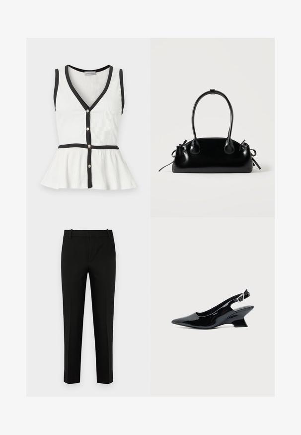 Wit mouwloos geribd topje met zwarte bies, V-hals, knoopsluiting aan de voorkant en peplum zoom.; Zwarte slim-fit broek, met een vlakke voorkant, zijzakken en een soepele textuur. Ontworpen met een gemiddelde taillehoogte en taps toelopende pijpen.; Zwarte lakleren slingback schoen met spitse neus en lage schuine blokhak op een effen lichte achtergrond.; Kleine zwarte glanzende handtas met twee lange hengsels en zijkant trekkoord details op een effen lichte achtergrond.