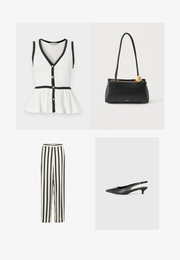 Hvid ærmeløs ribbet top med sort kant, V-hals, knapper foran og peplumkant.; Sort-hvid stribede bukser med lige ben og elastisk talje. Fremstillet af letvægtsstof med en glat tekstur.; Sorte spidse slingback-sko lavet af glat læder. Har en tynd hæl og en spænde detalje på den justerbare rem.; Sort rektangulær lædertaske med lange håndtag, gylden lynlås, gylden sfærisk charme og lille ALDO-logo foran i midten.