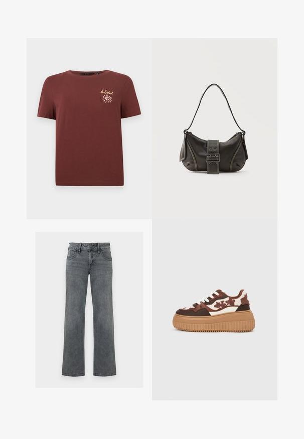 Kortærmet brun t-shirt med rund hals og lille gult "le Soleil" tekst og solgrafik på venstre brystområde.; Grå denimjeans med lige ben, lynlås og knap foran samt fem-lomme-design, vist mod en hvid baggrund.; Platform sneakers med et brunt og cremefarvet camouflage-mønster, kontrasterende lysebrune såler og hvide snørebånd. Overdelen har blandede materialer og teksturer.; Sort læder skuldertaske med spænde på remmen, afrundede kanter og kontrasterende hvide syninger på en ensfarvet baggrund.