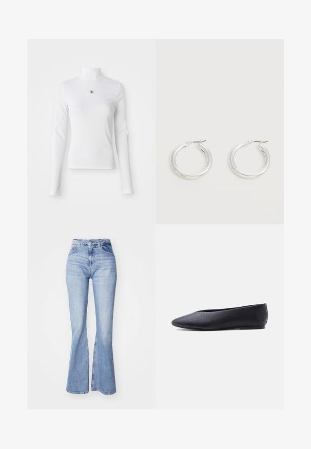 Top à col roulé blanc à manches longues en matière côtelée. Présente un petit logo brodé au centre. Design ajusté sans motifs.; Jean flare bleu clair en denim, avec taille haute, design à cinq poches et légères décolorations le long des jambes.; Chaussure de ballet plate noire à bout pointu avec un motif perforé subtil, vue de côté sur fond blanc uni.; Paire de boucles d'oreilles créoles moyennes argentées brillantes avec de fines attaches métalliques sur un fond clair et neutre.