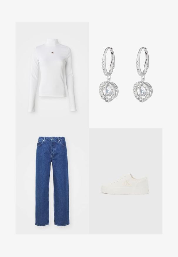 Witte turtleneck met lange mouwen, gemaakt van ribbelstof. Bevat een klein geborduurd logo in het midden. Aansluitend ontwerp zonder patronen.; Blauwe denim wijde benen jeans met een hoge taille, voorzien van een rits en knoopsluiting, riemlussen en subtiele vervagingdetails op de stof.; Witte lage sneaker met dikke zool en zijkant "cK" logo, veters aan de voorkant en minimalistisch ontwerp op een neutrale achtergrond.; Zilveren oorhangers met een hartvormige hanger, voorzien van een heldere centrale edelsteen en omliggende diamantaccenten voor extra detail.