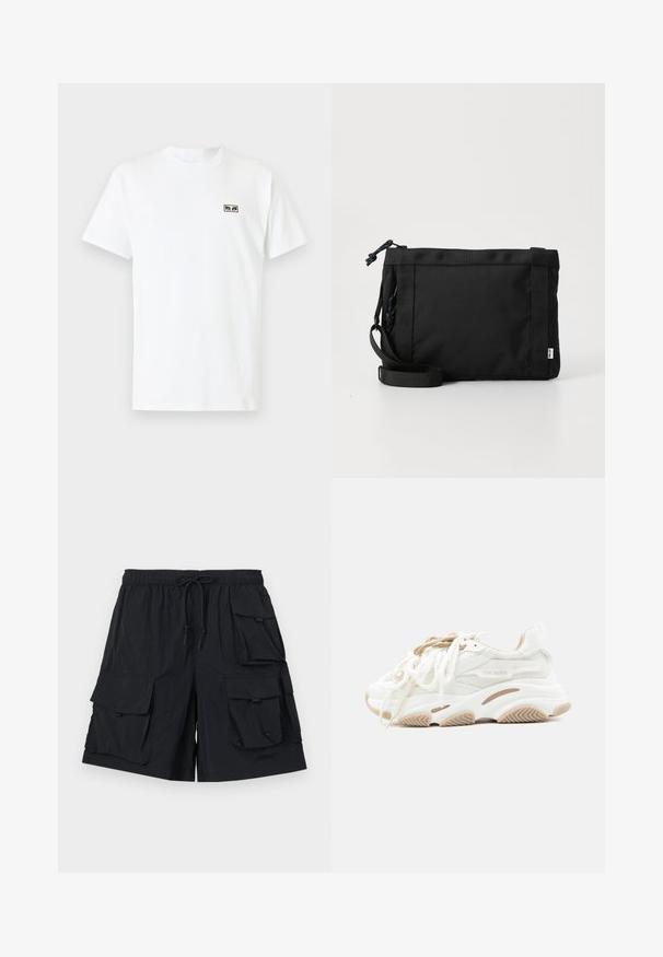Hvid bomulds T-shirt med korte ærmer, rund halsudskæring og et lille logo i sort og olivengrøn på venstre brystområde.; Sorte cargo shorts lavet af letvægtsstof, med flere store lommer, elastisk talje med snor og en glat tekstur.; Hvid og beige Steve Madden-sneaker med meshpaneler, chunky sål og dobbelte snørebånd på en ensfarvet lys baggrund.; Sort stof skuldertaske med en struktureret overflade, justerbar rem og snørelukning. Har kraftige syninger og et sideetiket.