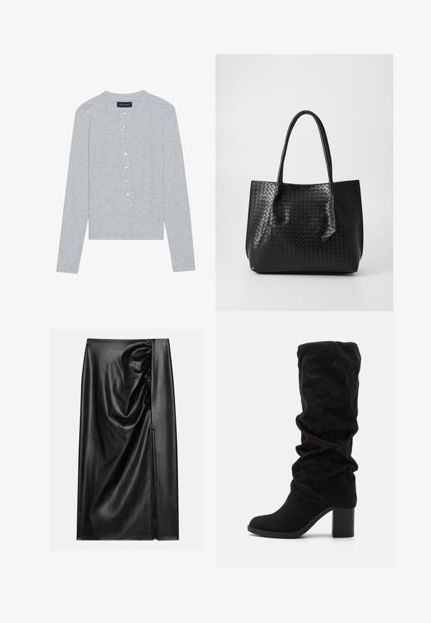 Cardigan gris à manches longues en tissu côtelé, présentant un col rond et six boutons frontaux avec une légère brillance.; Jupe en cuir noir avec une texture lisse, présentant une section froncée sur un côté et une fente sur le côté pour un détail supplémentaire.; Anna Field by Zalando Bottes - black; Sac de tote en cuir tressé noir avec deux poignées, forme structurée et finition légèrement brillante sur un fond clair.