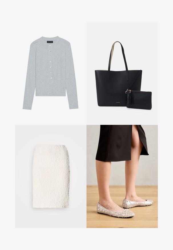Cardigan gris à manches longues en tissu côtelé, présentant un col rond et six boutons frontaux avec une légère brillance.; Jupe crayon blanche texturée avec une surface légèrement duveteuse, longueur genoux, présentant un design ajusté et sans fermetures ni embellissements visibles.; Ballerines en sequins beiges avec un bout rond, ornées d'un accent nœud, associées à une jupe noire, exposées sur un sol en bois.; Sac fourre-tout noir avec un matériau texturé, deux longues anses et une pochette zippée amovible avec un détail de pompon. Logo de la marque en orvisible.