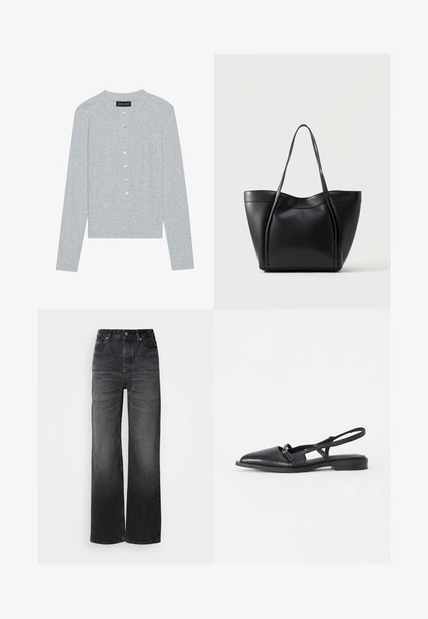 Cardigan gris à manches longues en tissu côtelé, présentant un col rond et six boutons frontaux avec une légère brillance.; Jeans en denim noir évasés à taille haute, cinq poches, fermeture à bouton et texture légèrement décolorée. Tissu épais avec une coupe structurée.; Chaussure noire en cuir à bride arrière avec un bout pointu, un petit Talon, un design ajouré et un détail décoratif de boucle circulaire.; Sac cabas en cuir noir avec deux longues anses et un bord supérieur légèrement incurvé, présenté sur un fond clair uni.