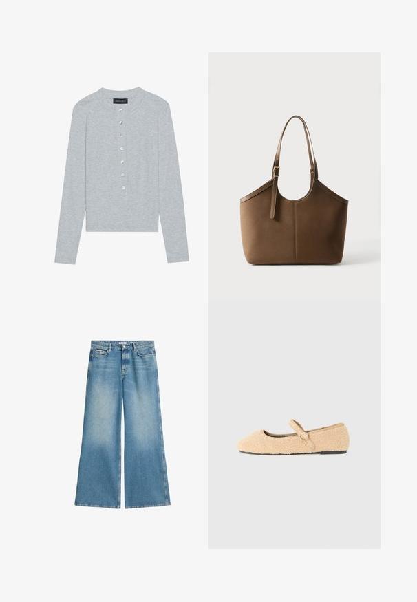 Grauer Cardigan mit langen Ärmeln aus geripptem Stoff, mit rundem Ausschnitt und sechs vorderen Knöpfen mit leichtem Glanz.; Hellblaue Jeans mit weitem Bein aus Denim, mit einem ausgewaschenen Finish, zwei vorderen Taschen und einem standardmäßigen Knopfverschluss.; Beige, flauschiger Mary Jane-Ballettschuh mit runder Zehenpartie, verstellbarem Riemen mit rundem Schnallenverschluss und schwarzer Sohle auf weißem Hintergrund.; Braune Leder-Tote mit verstellbarem Schulterriemen und goldener Schnalle, glatte Textur, vor schlichtem weißem Hintergrund präsentiert.