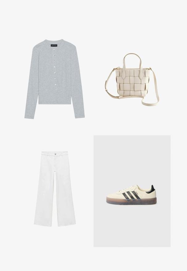 Cardigan gris à manches longues en tissu côtelé, présentant un col rond et six boutons frontaux avec une légère brillance.; Jean blanc à jambes larges, avec une fermeture à boutons et cinq poches, confectionné dans un denim à la texture lisse, arborant un design classique.; Baskets beiges avec trois bandes noires, bout rond, semelle en caoutchouc texturée et dessus lisse. Caractérisées par un talon rembourré et un marquage minimal.; Sac à main en cuir tressé couleur crème avec deux poignées supérieures et une bandoulière longue réglable avec des accessoires dorés.