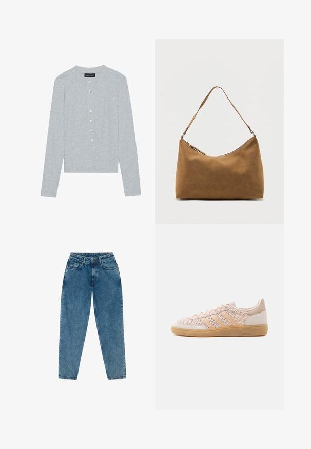 Grå cardigan med lange ærmer lavet af ribstrikket stof, med rund halsudskæring og seks frontknapper med en let glans.; Lyseblå denimjeans med afslappet pasform, høj talje, fem-lommer design, synlige syninger og en let falmet udseende.; Beige Adidas sneaker med lavt snit, øvre del i vævet stof, gummisål i naturfarve og tre karakteristiske striber på siden.; Brun skuldertaske i ruskind med enkelt rem og lynlås øverst, vist mod en ensfarvet hvid baggrund.