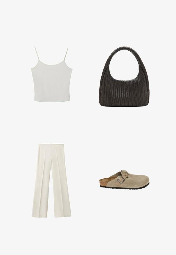 Stradivarius TOP - Top - beige; Nohavice so širokými nohavicami z ľahkej béžovej látky s prednými záhybmi. Hladká textura a strihaný dizajn pre uvoľnený strih. Žiadne viditeľné zapínania alebo ozdoby.; Bežové semišové dreváky s okrúhlou špičkou, nastaviteľným remienkom a sponou, korkovou medzi podrážkou a textúrovanou čiernou gumovou podrážkou pre trakciu.; Čierna tkaná kožená kabelka s zaoblenou hornou rúčkou a tvarom polmesiaca.