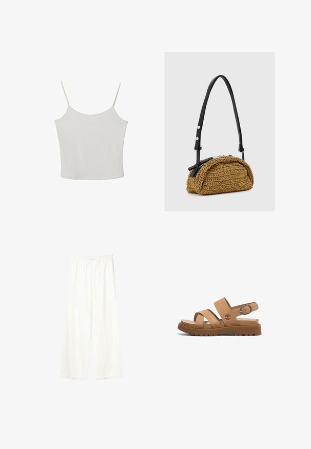 Stradivarius TOP - Top - beige; Hvide bukser med vide ben, elastisk talje og snøre, lavet af letvægtsstof.; Brune lædersandaler med to brede stropper, en bagstrop med en metalspænde og en kraftig gummisål med et struktureret mønster.; Lille tan vævet håndtaske med buet form, sort justerbar læderstrop og sølv lynlåslukning.