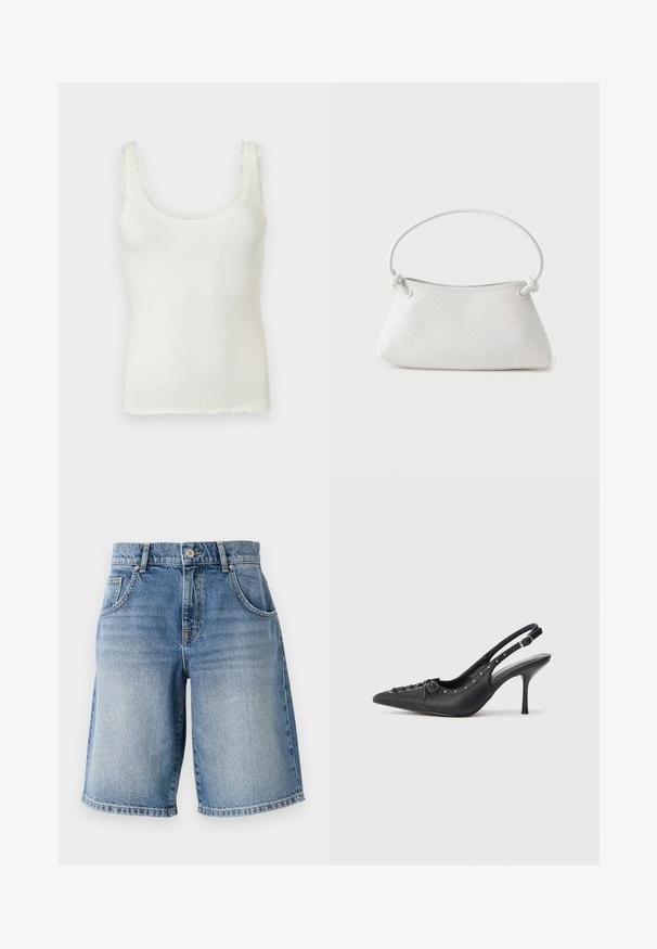Witte geribbelde mouwloze top met kanten randje op de bandjes en halslijn, aansluitende stijl, getoond op een effen achtergrond.; Lichte blauwe denimshorts met een rechte snit, vijf zakken en bronzen hardware. Heeft een rafelrand en een vervaagde wassing.; Zwarte leren slingback stiletto met spitse neus, zijgesp met gesp, studs langs de rand en decoratieve veters aan de voorkant.; Witte handtas van gevlochten leer met een afgeronde handgreep en uiteinden van de band die geknoopt zijn, afgebeeld tegen een effen achtergrond.