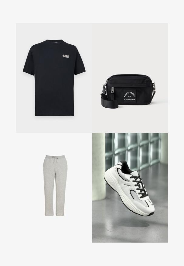 Μαύρο T-shirt με κοντά μανίκια και στρογγυλή λαιμόκοψη, με μικρό λευκό επαναλαμβανόμενο λογότυπο "Karl Lagerfeld" στο πάνω αριστερό μέρος του στήθους.; Γκρι φόρμα από απαλό ύφασμα με ελαστική μέση και κορδόνι, ίσια γραμμή στα πόδια και χωρίς ορατά σχέδια ή διακοσμήσεις.; Λευκό αθλητικό παπούτσι με ύφασμα διχτυού και δερματινή επιφάνεια, μαύρες λεπτομέρειες και υφή στη σόλα. Διαθέτει κορδόνια και σήμανση στο πλάι.; Μαύρη νάιλον τσάντα ώμου με φερμουάρ, ρυθμιζόμενος ιμάντας και λευκή επώνυμη ετικέτα που αναγράφει "Karl Lagerfeld Paris." Συμπαγής σχεδίαση.
