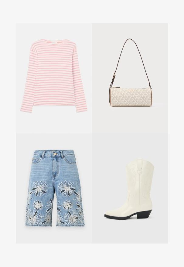 Haut à manches longues rayé en rose clair et blanc. Tissu doux avec une coupe décontractée et un col large. Présente des fentes sur les côtés à l'ourlet.; Shorts en denim bleu clair longueur genou avec motifs de marguerites brodés en blanc et noir et fermeture à boutons à l'avant.; Botte blanche de style western mi-mollet avec bout pointu, talon empilé noir, coutures décoratives et languette de tirage sur la tige.; Sac à main cylindrique beige Michael Kors avec motif répétitif "MK", logo doré, bordure beige et bandoulière réglable marron foncé.