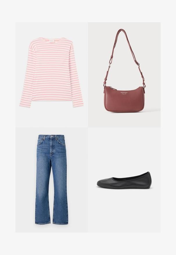 Haut à manches longues rayé en rose clair et blanc. Tissu doux avec une coupe décontractée et un col large. Présente des fentes sur les côtés à l'ourlet.; Jean en denim bleu taille haute avec une coupe droite, featuring cinq poches et un léger délavage. Fermeture à bouton classique et accents de couture.; Ballerines en cuir noir avec un bout rond, texture lisse, détails de couture minimalistes et design de semelle flexible.; Petit sac à bandoulière en cuir mauve texturé avec sangle réglable et fermeture éclair argentée, arborant le logo Emporio Armani Milano 1981 sur le devant.