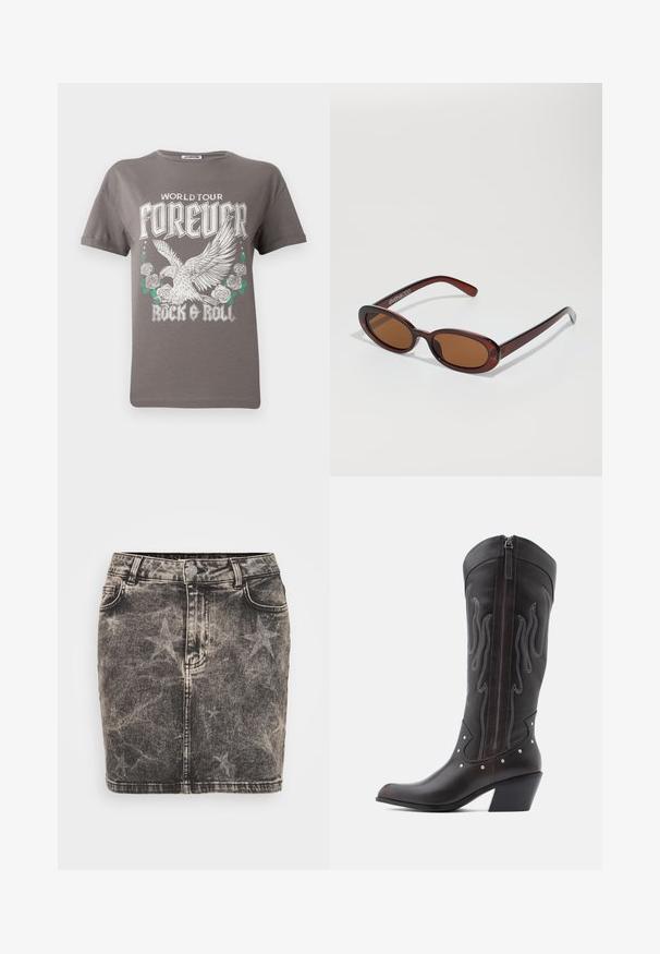 Graues Baumwoll-T-Shirt mit einem großen Grafikdesign eines Adlers und Rosen, mit dem Text "WORLD TOUR FOREVER ROCK & ROLL" in fetter weißer Schrift.; Schwarzer Denim-Minirock mit verblasstem Sternmuster. Mit hoher Taille, fünf Taschen und kontrastierenden Nähten. Klassischer Knopfverschluss.; Braune Cowboy-Stiefel aus Leder mit Flammenstickerei, seitlichem Reißverschluss, silbernen Nieten, spitzer Zehenpartie und geschichtetem Absatz.; Runde, braun getönte Sonnenbrillen mit einem glänzenden burgunderfarbenen Rahmen. Schlanke Bügel mit dezentem Branding. Flaches Linsendesign.