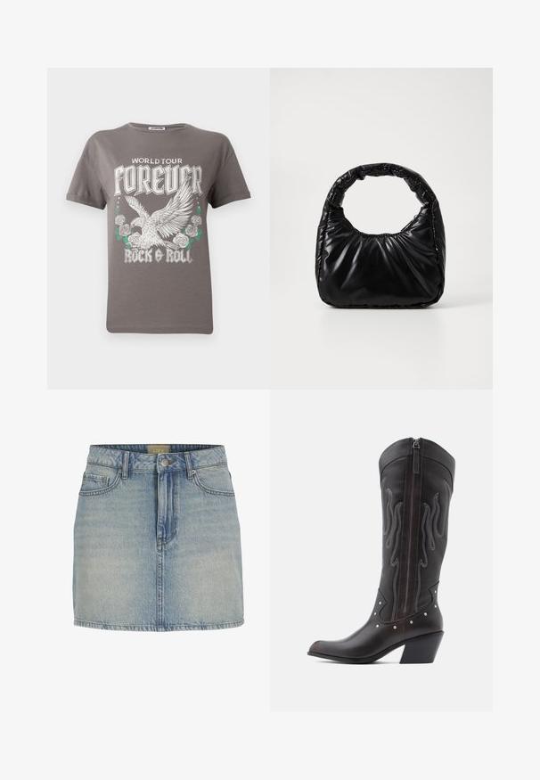 Grå bomulds t-shirt med et stort grafisk motiv af en ørn og roser, med teksten "WORLD TOUR FOREVER ROCK & ROLL" i fed hvid skrift.; Lyseblå denim mini nederdel med tætsiddende talje, frontlukning med knapper, fem lommer og diskret falmning langs stoffet.; Brune læder cowboystøvler med flammebroderi, sidelukning med lynlås, sølvnitter, spids snude og lagdelt hæl.; Sort polstret håndtaske med et rundt håndtag, der har en glat, skinnende overflade og en blød, kviltet tekstur. Ingen synlige hardware eller accenter.