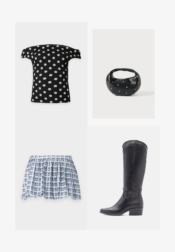 Sort off-shoulder top med hvide prikker jævnt fordelt, vist fladt på en hvid baggrund.; Blå- og hvidternet nederdel med elastisk talje og indsamlet design, med marineblå linjer der skaber et struktureret mønster.; Knæhøje sorte læderstøvler med firkantet tå og lav blokhæl. Glat tekstur og diskrete sømdetaljer på skaftet.; Sort læderhåndtaske med en rundet form, dekoreret med sølvnitter, og et kort håndtag. Glat tekstur og lynlåslukning.