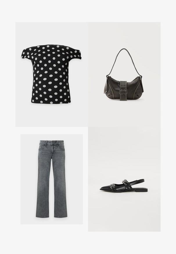 Zwart off-shoulder top met witte polkadots gelijkmatig verdeeld, plat weergegeven op een witte achtergrond.; Grijze denimjeans met rechte pijpen, voorzien van knopen aan de voorkant, rits en vijfzakken, afgebeeld tegen een witte achtergrond.; Even&Odd by Zalando Slingback ballerina´s - black; Zwarte leren schoudertas met gespsluiting aan de riem, afgeronde hoeken en contrasterende witte stiksels op een effen achtergrond.