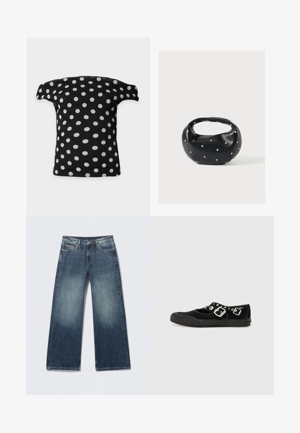 Schwarzes schulterfreies Oberteil mit gleichmäßig verteilten weißen Punkten, flach auf weißem Hintergrund dargestellt.; Blaue Jeans mit weitem Bein, Knopf- und Reißverschluss, Taschen vorne und hinten sowie verwaschenen Details an Oberschenkeln und Knien.; Vans MARY JANE - Klassischer Ballerina - black; Schwarze Lederhandtasche mit abgerundeter Form, verziert mit silbernen Nietenakzenten und kurzem Griff. Glatte Struktur und Reißverschlussverschluss.