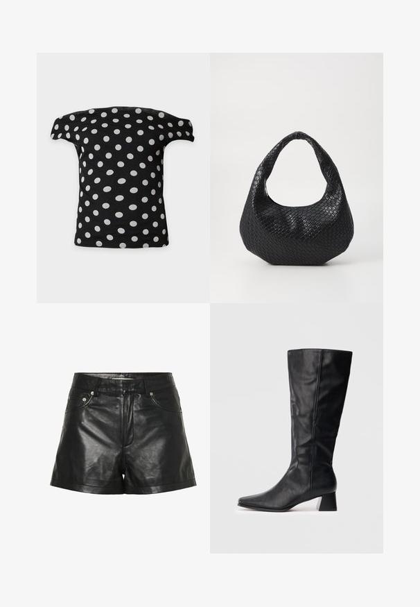Zwart off-shoulder top met witte polkadots gelijkmatig verdeeld, plat weergegeven op een witte achtergrond.; Zwarte leren shorts met een gladde, glanzende textuur, voorzien van zijzakken, metallic accenten en een aansluitend tailleontwerp.; Zwarte leren laars tot halverwege het kalf met spitse neus en blokhak op een plain lichte achtergrond.; Zwarte geweven handtas met een gebogen handvat, met een gestructureerd oppervlak en een slouchy vorm. Gladde afwerking met een organische silhouette.