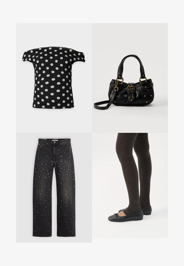 Sort off-shoulder top med hvide prikker jævnt fordelt, vist fladt på en hvid baggrund.; Sorte denim jeans med en løs pasform, prydet med spredte sølv-, guld- og hvide prikker. Designet med klassiske lommer og metalbeslag.; Ben iført mørke ribbede leggings kombineret med sorte balletsko med små sløjfedetaljer på hvid baggrund.; Sort læderhåndtaske med guldbælge og nitdetaljer, korte håndtag og en justerbar skulderrem på en ensfarvet hvid baggrund.