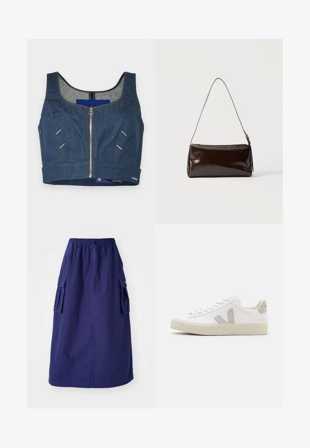 Mørkeblå denim crop top med rund udskæring, frontlynlås og kontrastsyninger. Har to forlommer med buede konturer.; Marineblå, mellemlang nederdel med elastisk talje, der har to sidelommer og et minimalistisk logodesign. Glat stofstruktur.; Hvide sneakers lavet af læder med grå V-logo detaljer, struktureret gummisål, hvide snørebånd samt polstret tunge og krave.; Mørkebrun rektangulær læder skuldertaske med en enkelt tynd rem og spænde i guldton på en ensfarvet baggrund.