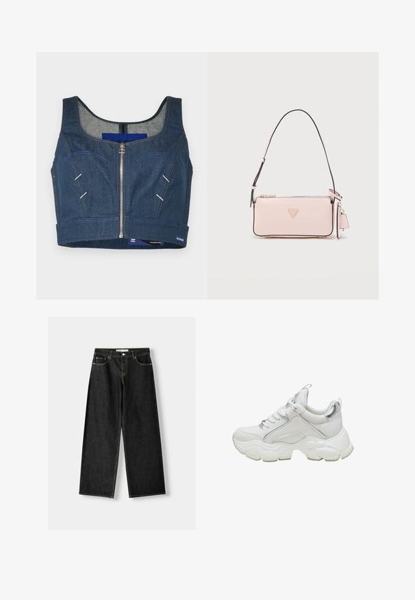Dunkelblaues Denim-Crop-Top mit einem runden Ausschnitt, Frontreißverschluss und kontrastierender Naht. Verfügt über zwei Fronttaschen mit geschwungenen Umrissen.; Schwarze Jeans mit weitem Bein aus Denim, mit fünf Taschen, metallischem Knopf und Reißverschluss und kontrastierenden gelben Nähten entlang der Nähte.; Weißer Sneaker mit einer massiven Sohle, glattem Leder und silbernen Akzenten an der Ferse und dem Schnürbereich. Verfügt über einen gepolsterten Kragen für Komfort.; Hellrosa rechteckige Schultertasche mit verstellbarem Riemen, Reißverschluss und kleinem Anhänger auf schlichten weißem Hintergrund.