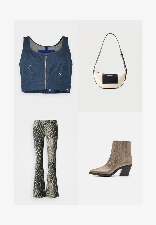 Dunkelblaues Denim-Crop-Top mit einem runden Ausschnitt, Frontreißverschluss und kontrastierender Naht. Verfügt über zwei Fronttaschen mit geschwungenen Umrissen.; Schlagjeans im schwarz-beigen Zebra-Muster, aus Denim-Material, mit Fünf-Taschen-Design und sichtbaren Nahtdetails.; Metallisch bronzefarbenen Knöchelstiefel mit spitzem Schuhzehen, strukturierten Oberflächen, vertikalen Ausschnitten und einem Blockabsatz mit klaren Akzenten.; Beige, mondförmige Schultertasche mit verstellbarem schwarzem Riemen und schwarzem rechteckigem Aufnäher vorne mit kleinem weißem Text.