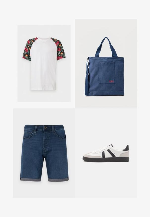 Wit T-shirt met korte mouwen en zwarte raglanmouwen met rode en oranje tropische bloemenpatronen.; Donkerblauwe denim shorts met opgerolde boorden, knoopsluiting aan de voorkant, rits, en voorzakken tegen een effen lichte achtergrond.; Witte sneaker met zwarte en grijze accenten, voorzien van een grijze neus met textuur, zwarte rubberen zool en platte witte veters. Schoon ontwerp, minimalistische stijl.; Blauwe canvas tas met voorvak en rode "O.N.S" borduring, voorzien van dubbele handvatten en een verstelbare schouderriem.