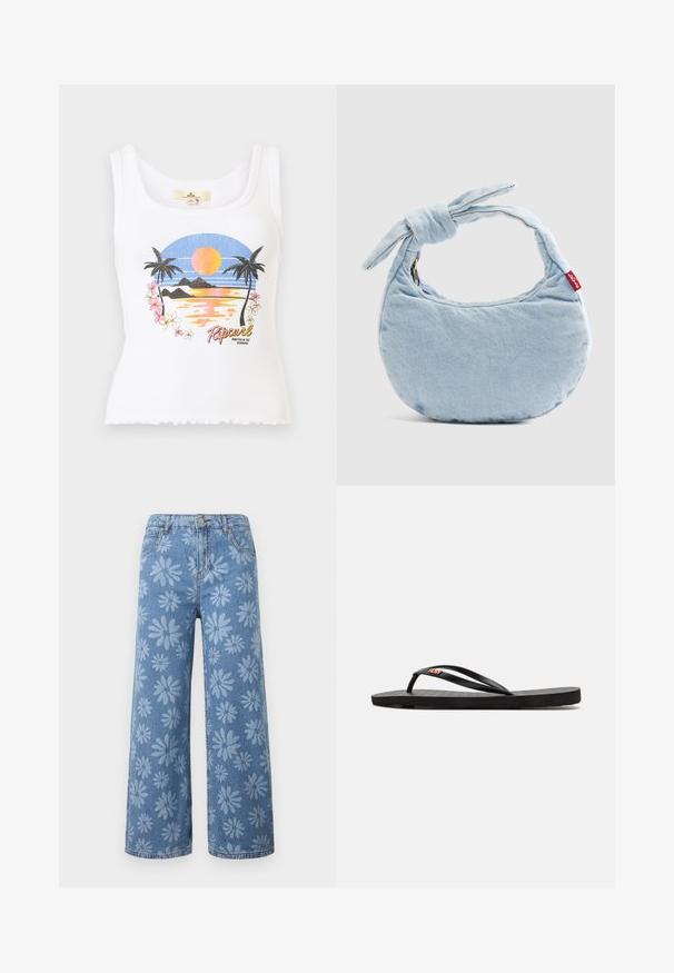 Camiseta sin mangas blanca con textura acanalada, con escena de playa al atardecer, palmeras, flores y el texto del logo "Ripcurl" en el frente.; Vaqueros anchos de pierna ancha en denim azul con patrón floral de margaritas en azul claro, bolsillos frontales, trabillas para cinturón y cierre con botón.; Chanclas negras con suela plana, que presentan correas delgadas y una plantilla texturizada. Pequeño logo en la correa. Diseño simple y minimalista.; Bolso de hombro de mezclilla azul claro con un detalle de nudo en la asa y una pequeña etiqueta roja de Levi's en el lateral.