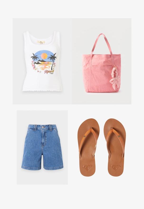 Hvid ribbet tanktop med solnedgang ved stranden, palmer, blomster og "Ripcurl"-logo tekst på fronten.; Blå denimshorts med knap og lynlås foran, bæltestropper, forlommer og lige kant mod en ensfarvet lys baggrund.; Brune syntetiske klipklapper med orange stropper, tekstureret overflade og præget hjerte-logo detalje på sålen.; Lyserød lærredsnettaske med to håndtag og en tilhørende lyserød stof scrunchie formet som et blad på en hvid baggrund.