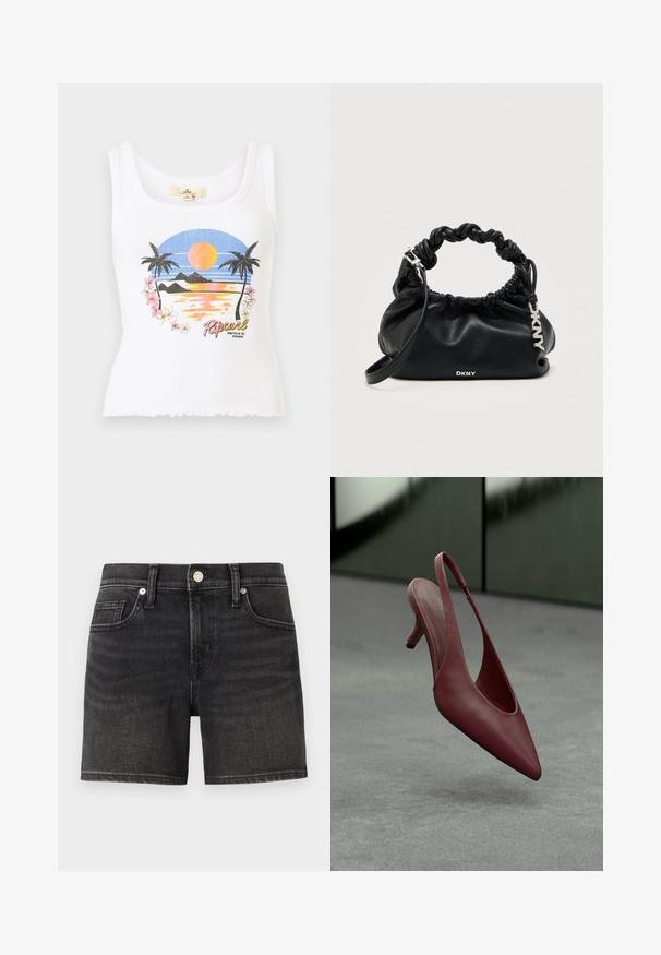 Valge soonikkoega tanktop, millel on päikeseloojanguga rannavaade, palmipuud, lilled ja ees "Ripcurl" logo tekst.; Mustad denim lühikesed püksid klassikalise viie taskuga disainiga, ees nupuga sulgur ning õrn pleekimine tekstuuri jaoks.; Burgundia nahast sanga- ja kassi kõrgusega kingad terava ninaga, hõljuvad halli tekstuuri pinnal tumesinise seina ees.; Mustast nahast käekott, kogutud disainiga, keerutatud sangade ja hõbedaste detailidega. Esiküljel on reljeefne logo.