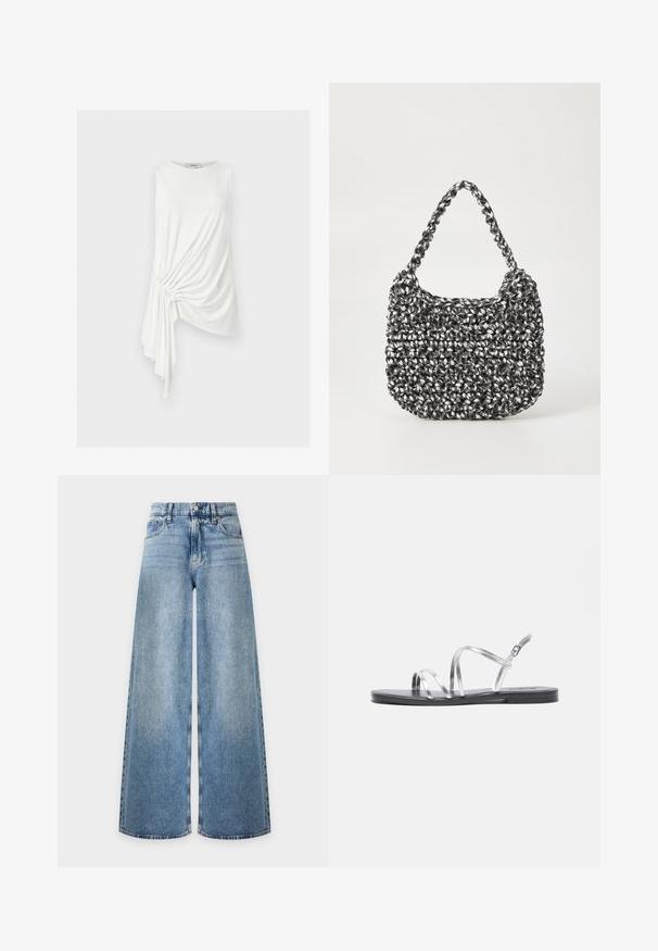 Hvid ærmeløs top med asymmetrisk kant og samlet draperet detalje på den ene side, lavet af letvægtsstof.; Lyseblå denimjeans med brede ben, høj talje, frontknap, lynlåslukning og klassisk fem-lommers design.; Sølv strappy sandaler med en flad sort sål, der har tynde metalliske remme og en justerbar ankelspænde. Glat tekstur hele vejen igennem.; Vævet håndtaske i sort og hvid med en rund form, tekstureret overflade og et fletet håndtag. Velegnet til afslappet brug.
