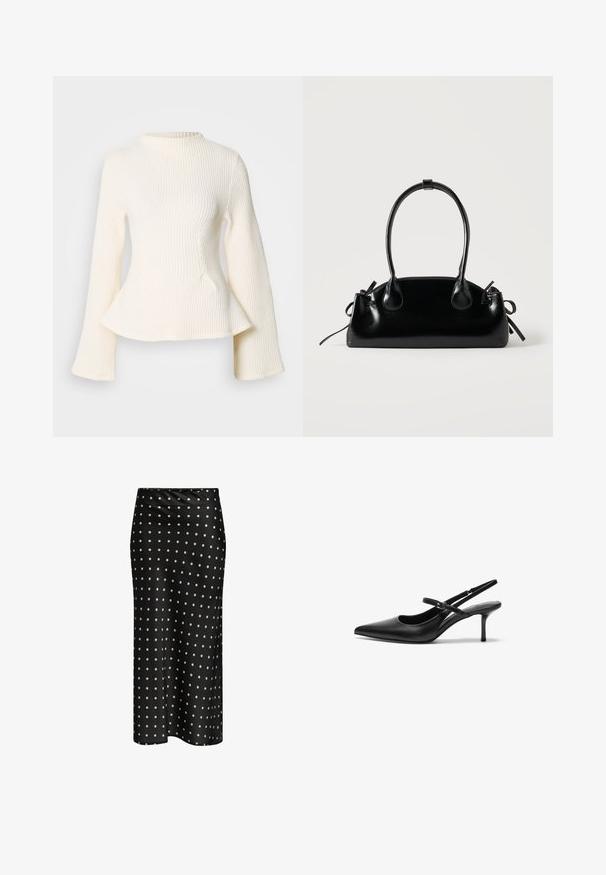 Haut en tricot à côtes crème avec un col montant, des manches longues évasées et un ourlet peplum. Le tissu texturé ajoute un intérêt visuel.; Jupe en satin noir avec une silhouette ajustée et des pois crème, texture lisse, longueur mi-mollet, ourlet sans couture.; Talons aiguilles noires en cuir avec un bout pointu, une fine bride réglable, et un talon aiguille d'environ 5 cm, texture lisse.; Petit sac à main noir brillant avec deux longues anses et des détails à cordon sur les côtés sur un fond clair uni.