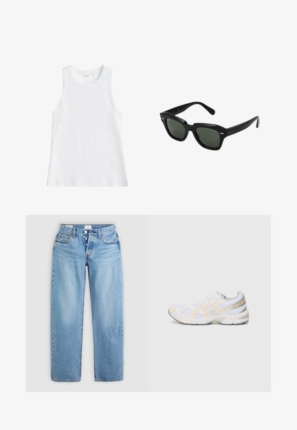 Witte geribbelde mouwloze tanktop met ronde hals, maat small, weergegeven op een effen achtergrond.; Lichtblauwe spijkerbroek met een recht model, vijf zakken en een knoopsluiting. Heeft gestikte details en een nette zoom.; Witte sportschoen van mesh-materiaal, met lichtoranje en grijze accenten, een gestructureerde zool en een gevoerde kraag voor comfort.; Zwarte vierkante zonnebril met donker groene lenzen, uitgerust met gedurfde monturen en zilveren accenten aan de zijkanten. Gemaakt in Italië.