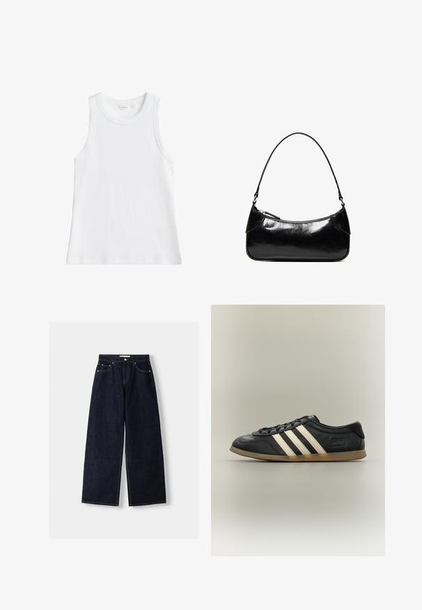 Witte geribbelde mouwloze tanktop met ronde hals, maat small, weergegeven op een effen achtergrond.; Donkerblauwe denim wijduitlopende jeans met een hoge taille, vijf zakken, contrasterende stiksels en zilveren metalen hardware. Gladde textuur en een nette afwerking.; Zwarte Adidas Gazelle sneaker met witte strepen, zwarte veters en een lichtbruine zool, getoond in zijaanzicht op een neutrale achtergrond.; Zwarte glanzende leren schoudertas met één ritssluitingvak en een dunne band die in een boogvorm is gebogen.