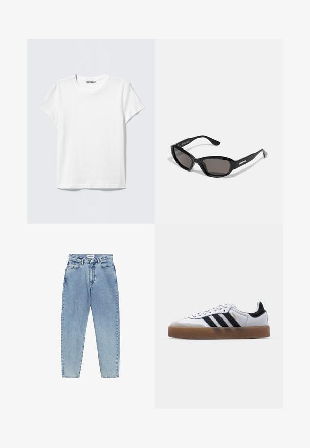 Schlichtes weißes T-Shirt mit kurzen Ärmeln und Rundhalsausschnitt mit einem "WEEKDAY" Etikett im Kragen, auf einem hellgrauen Hintergrund abgebildet.; Helle blaue Jeans mit hochsitzt, geradem Bein und Kontrastnähten. Mit vorderen und hinteren Taschen sowie einem Knopfverschluss.; Weiße Leder Sneakers mit schwarzen Streifen, Gummigummi-Außensohle, runder Zehenform, Schnürverschluss und weichem grauem Wildleder-Zehenkappe.; Schwarze Sonnenbrille mit rechteckigem Rahmen, dunklen Gläsern, glattem Kunststoffmaterial und einem metallischen Akzent am Bügel.
