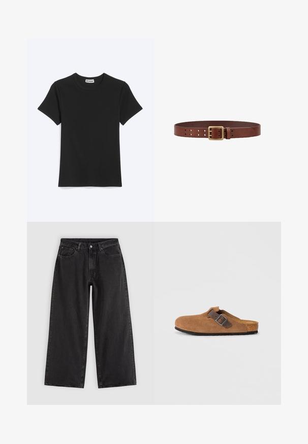 Schlichtes schwarzes T-Shirt mit kurzen Ärmeln und Rundhalsausschnitt, mit einem Weekday-Markenetikett im Kragen, dargestellt vor weißem Hintergrund.; Schwarze Jeans mit weitem Bein, Vordertaschen, Gürtelschlaufen und Knopfverschluss, auf schlichtem hellem Hintergrund dargestellt.; Braune Wildlederclogs mit einem verstellbaren braunen Lederriemen und einer silbernen Schnalle, ausgestattet mit einer geformten Korkfußbett und einer strukturierten Gummisohle.; Brauner Ledergürtel mit rechteckiger Messingschnalle und mehreren Einstelllöchern, flach auf weißem Hintergrund gelegt.