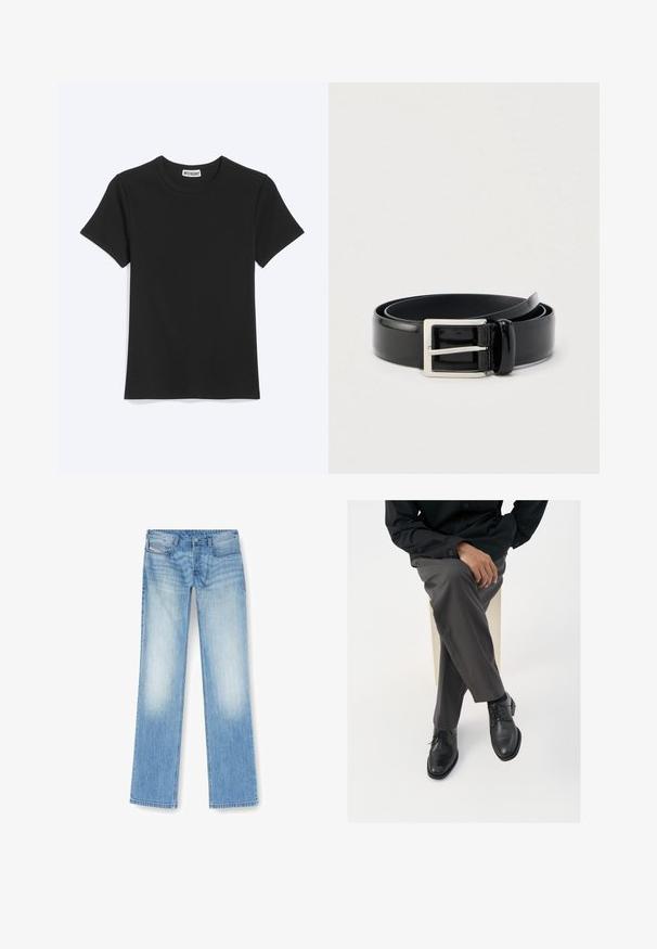 T-shirt noir uni à manches courtes et col rond avec une étiquette de la marque Weekday à l’intérieur du col, présenté sur fond blanc.; Jean droit bleu clair en denim, présentant une finition délavée, un design à cinq poches et des détails de couture visibles le long des coutures.; Des chaussures en cuir noir à lacets avec une finition brillante, accompagnées de pantalons gris sur mesure, présentées en position assise sur un fond blanc.; Ceinture en cuir noir brillant enroulée avec une boucle métallique rectangulaire argentée sur un fond clair uni.
