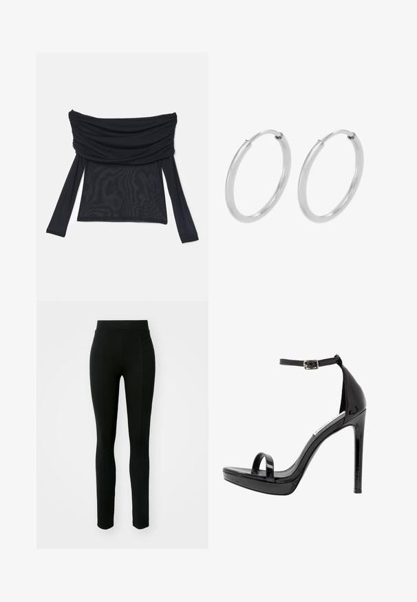 Top negro, con escote off-the-shoulder, textura de tejido recogido, mangas largas y silueta ajustada. Fabricado con un material ligero y suave.; Leggings negros de material elástico, con cintura alta, corte ajustado y dos bolsillos frontales sin costuras visibles.; Steve Madden MILANO - Sandalias de tacón - black; Pendientes de aro de plata, forma circular, textura lisa y brillante, y ancho constante en toda su extensión. Diseño minimalista sin acentos adicionales.
