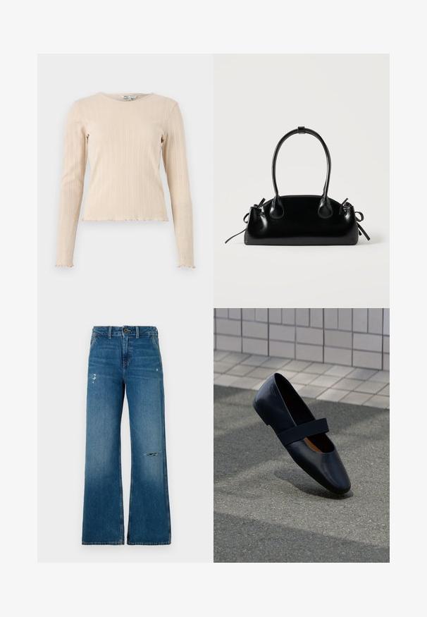 Beige langærmet ribbet top med rund hals og bølget kant. Stoffet har et subtilt struktureret mønster gennem hele designet.; Blå denim bukser med brede ben og en falmet struktur, der har to slidte områder foran, en knaplukning og fem lomme-design.; Sort læder flad sko med rund tå, der har en blød sort elastisk strop over vristen. Glat tekstur og minimalistisk design.; Lille sort blank håndtaske med to lange håndtag og snøre-detaljer i siden på en ensfarvet lys baggrund.