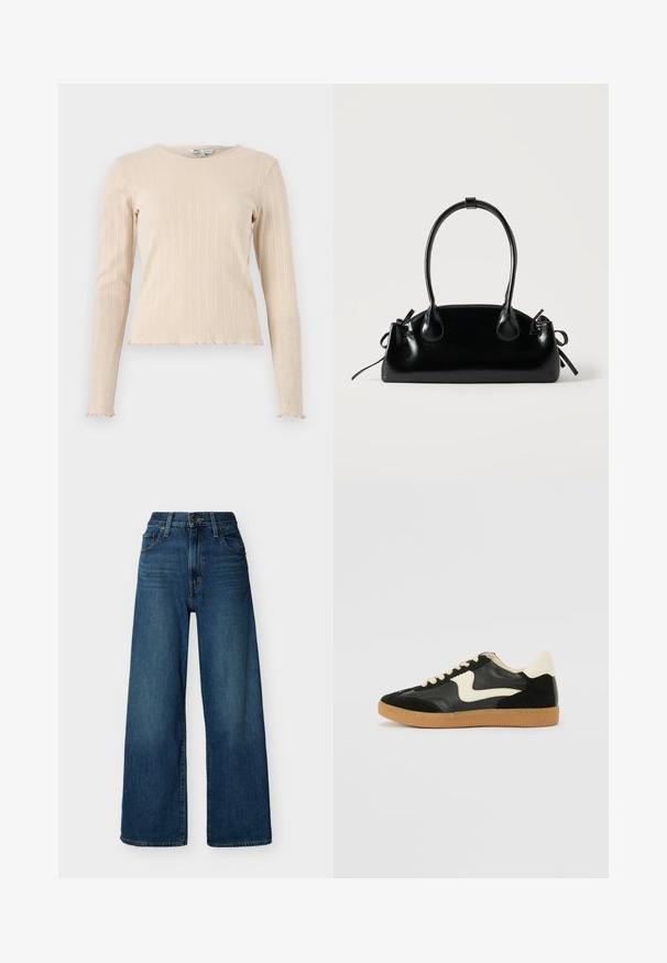 Top beige à manches longues en rib avec un col rond et un ourlet en dentelle. Le tissu présente un motif texturé subtil sur l'ensemble.; Jean en denim bleu à taille haute et à jambes larges, avec fermeture à boutons et fermeture éclair à l'avant, passants pour ceinture et poches avant sur un fond uni.; Baskets en daim et cuir noir avec un swoosh latéral crème et un talon crème clair. Dotées de lacets beige et d'une semelle en caoutchouc gomme.; Petit sac à main noir brillant avec deux longues anses et des détails à cordon sur les côtés sur un fond clair uni.