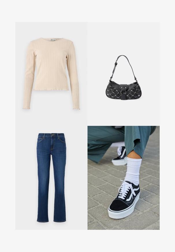 Top de manga larga beige de canalé con cuello redondo y dobladillo ondulado. La tela presenta un sutil patrón texturizado en toda su superficie.; Vaqueros de pierna recta de color azul oscuro con bolsillos delanteros, trabillas para cinturón, cierre de botón y costuras visibles sobre un fondo blanco.; Zapatillas de ante negro con acentos y cordones blancos, que cuentan con una gruesa suela blanca y costuras en contraste, combinadas con un calcetín blanco.; Bolso negro con textura acolchada, que presenta herrajes plateados, una forma curvada y una sola correa ajustable. Cierre de cremallera en la parte superior.
