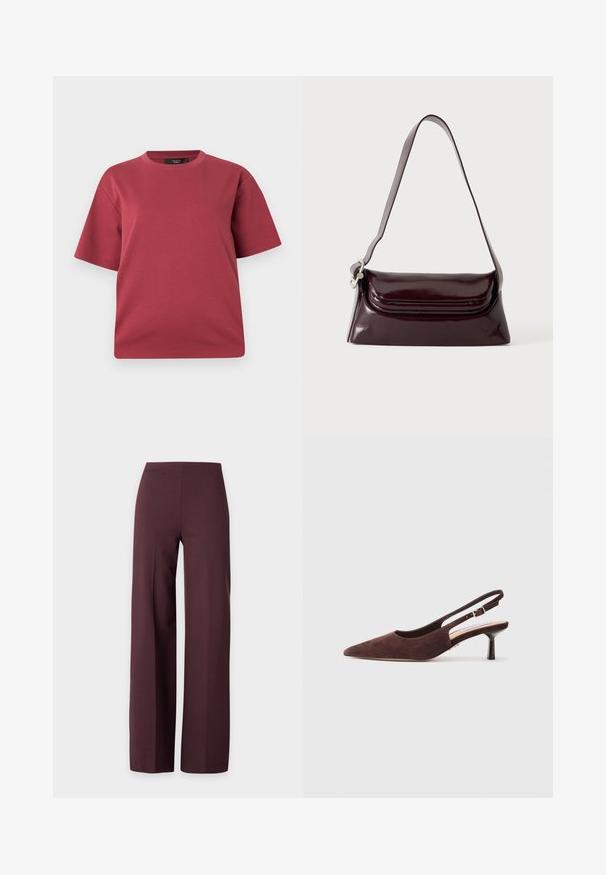 Kortærmet T-shirt med rund hals i støvet rosa med en afslappet pasform, vist på en ensfarvet hvid baggrund.; Bukser med vide ben i mørkebrun med høj talje og en glat front, vist mod en ensartet lys baggrund.; Brune ruskinds slingback sko med spids tå og en slank hæl. Har en justerbar rem med en metalspænde.; Mørk bordeaux skuldertaske i læder med klaplukning og en tynd justerbar rem, vist på en ensfarvet lys baggrund.