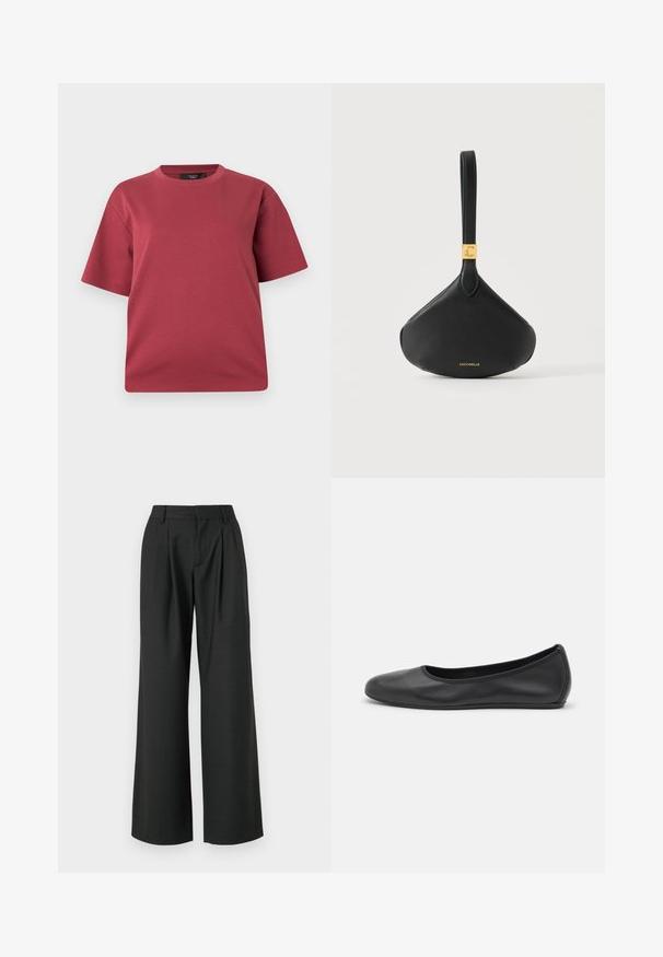 T-shirt à manches courtes et col rond couleur rose poudré avec une coupe décontractée, présenté sur un fond blanc uni.; Won Hundred CAMILLE TROUSERS - Pantalon classique - licorice; Ballerines en cuir noir avec un bout rond, texture lisse, détails de couture minimalistes et design de semelle flexible.; Pochette bracelet en cuir noir de forme triangulaire, plaque logo en métal doré et bandoulière amovible signée Coccinelle.