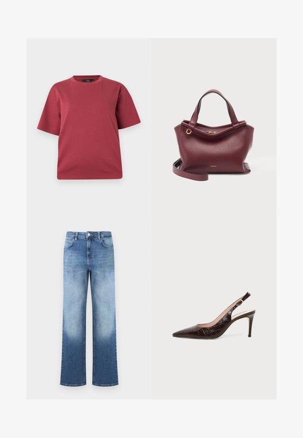 T-shirt à manches courtes et col rond couleur rose poudré avec une coupe décontractée, présenté sur un fond blanc uni.; Jean en denim bleu taille haute avec un dégradé passant du bleu clair au bleu plus foncé, équipé de poches avant et d'une fermeture à bouton.; Escarpin slingback en cuir brun foncé à texture crocodile, bout pointu et talon stiletto de hauteur moyenne sur fond uni.; Sac à main en cuir rouge foncé avec deux poignées, une bandoulière détachable, ainsi que des détails zippés et un logo dorés sur fond blanc.