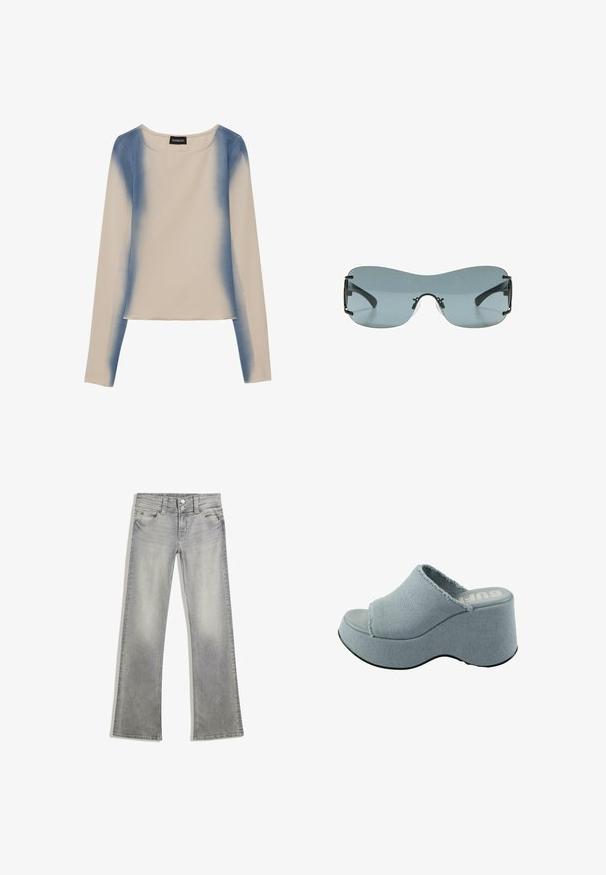 Langärmliges Oberteil in hellem Beige mit einem blauen Farbverlauf. Weiche Textur mit Rundhalsausschnitt und geradem Saum.; Graue Jeans mit Schlag im verwaschenen Look, mit einem Knopfverschluss, fünf Taschen und genähten Details entlang des Taillenbundes und Saums.; Helleblaue Plattform-Sandale mit ausgefranstem Obermaterial, offenem Zehendesign, dicker, gerundeter Sohle und strukturiertem grauem Laufsohlen.; Randlose Sonnenbrille mit einer einzigen grauen, gebogenen Linse und dünnen schwarzen Bügeln, mit verstellbaren Nasenpads.