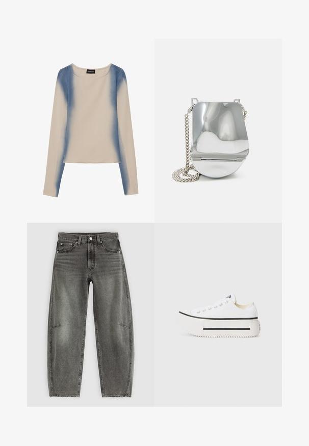Camiseta de manga larga en color beige claro, con un diseño en degradado azul. Textura suave, con cuello redondo y línea de dobladillo recta.; Jeans de mezclilla gris deslavado de cintura alta con cinco bolsillos, cierre de botón y un corte recto relajado.; Zapatillas de plataforma de lona blanca con suela de goma negra, puntera redonda y ojetes metálicos, que presentan un diseño simple y limpio.; Bolso de mano metálico plateado con una superficie lisa y curvada, que presenta una correa de cadena y un cierre seguro. Diseño compacto y acabado reflectante.